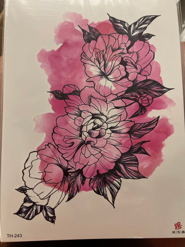 Pink & Black Watercolor Flower Tattoo 8x5