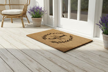 Load image into Gallery viewer, Personalized coir doormat on light wood farmhouse porch Prosper TX.