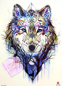Painted Scroll Wolf Tattoo - 8 x 5"
