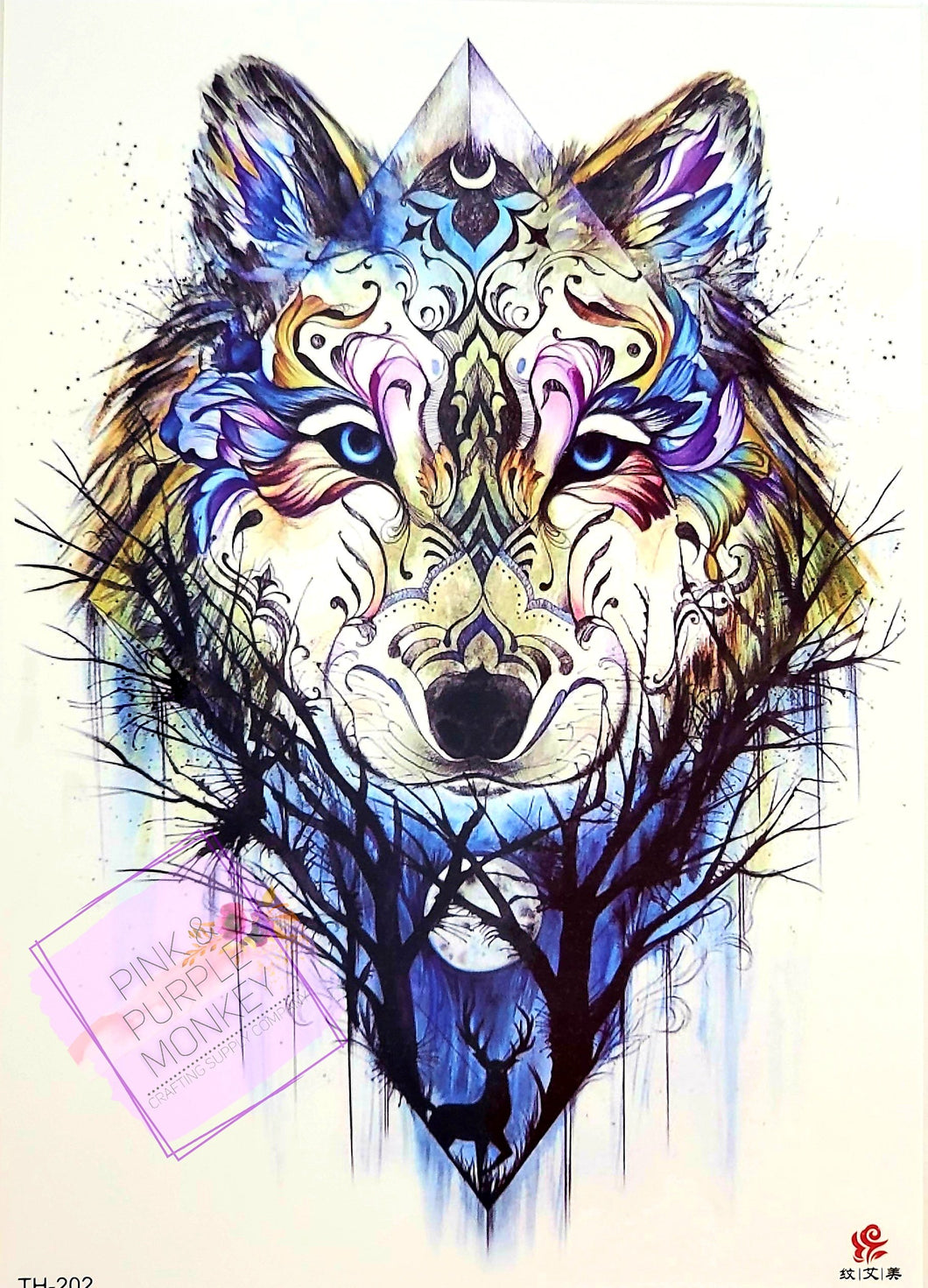 Painted Scroll Wolf Tattoo - 8 x 5