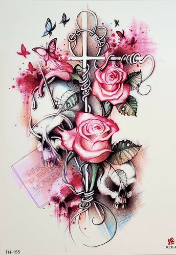Cross with Roses and Skulls Tattoo - 8.5