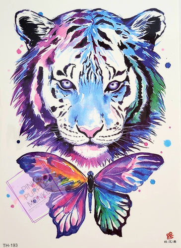 Colorful Tiger and Butterfly Tattoo - 8 x 5