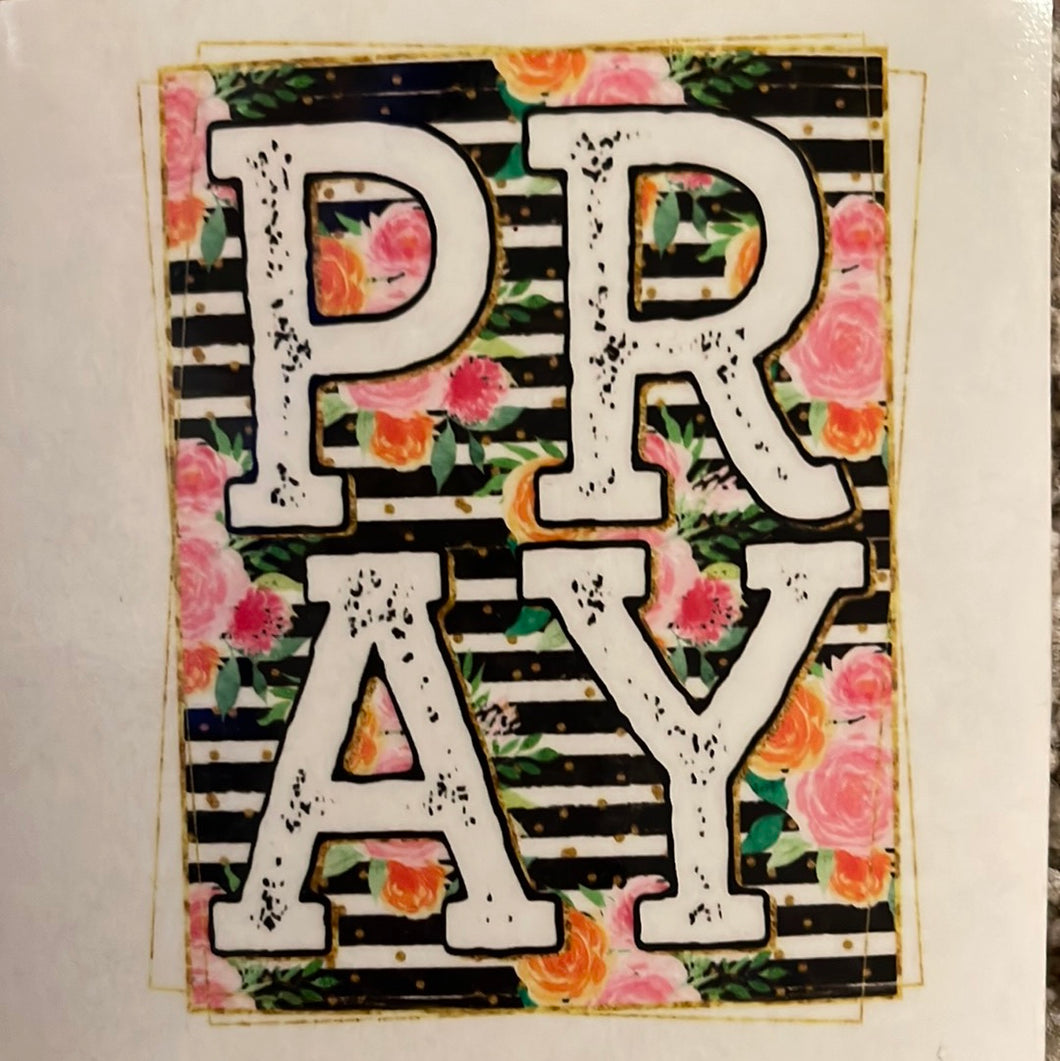 Pray with Black Strips and Flowers Clear Cast Sticker