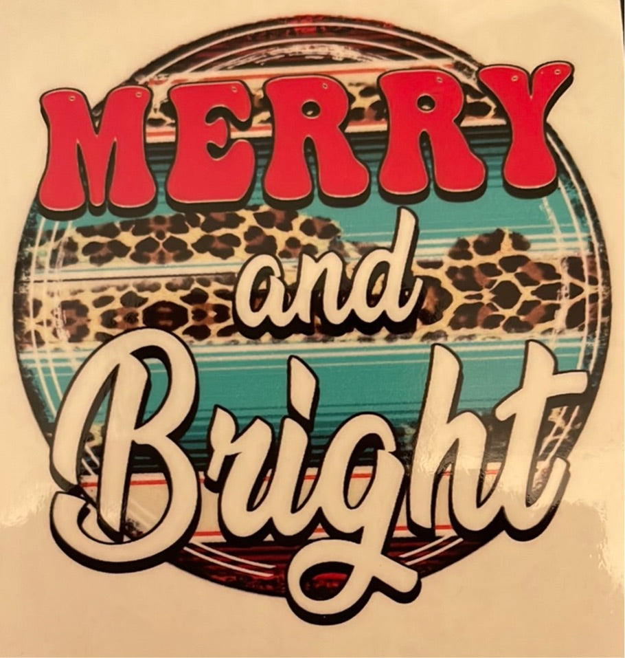 Merry & Bright with blue & Leopard Clear Cast Sticker