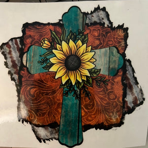 Teal Cross with Sunflower & Square Background Clear Cast Sticker