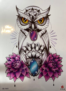 Owl with Purple Flowers Tattoo 8 x 5
