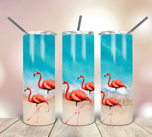 Flamingo on Beach 20 oz Skinny Vinyl Wrap