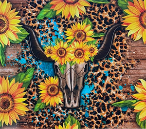 Bull Skull with Sunflowers, Teal & Leopard 20 oz Skinny Vinyl Wrap