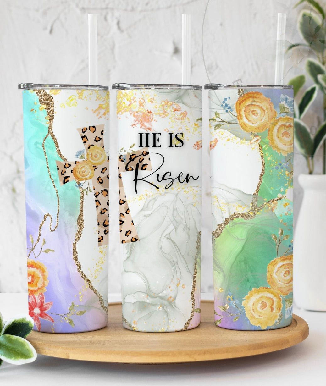 He is Risen Watercolor & Leopard Cross 20 oz Skinny Vinyl Wrap