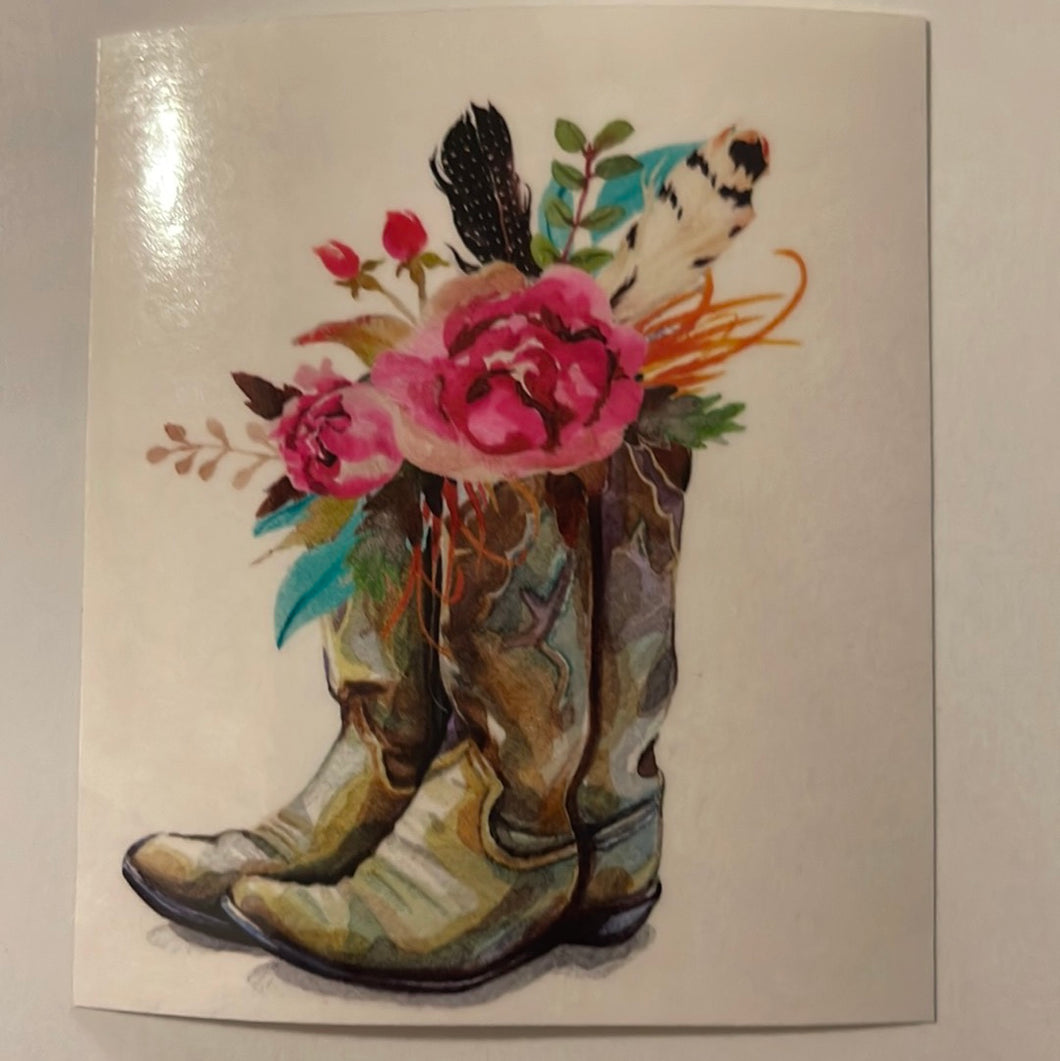 Boots with Flowers & Feathers Clear Cast Sticker