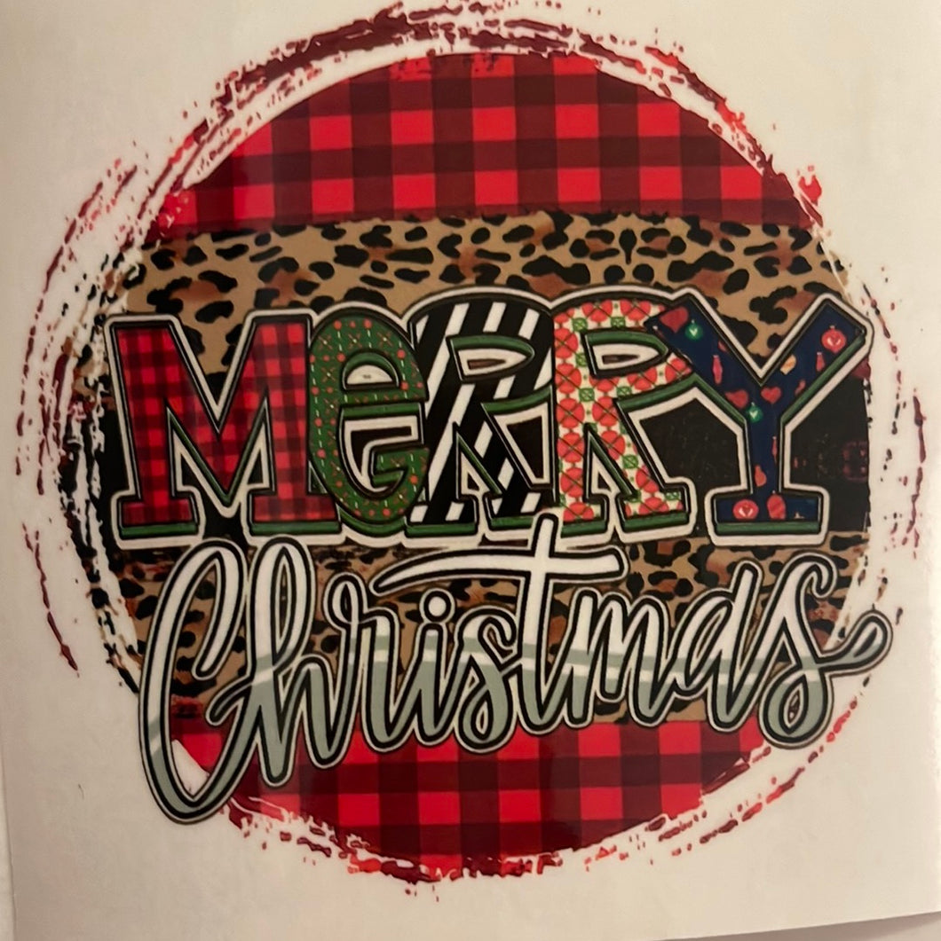 Merry Christmas with Red Plaid  & Leopard Circle Background Clear Cast sticker