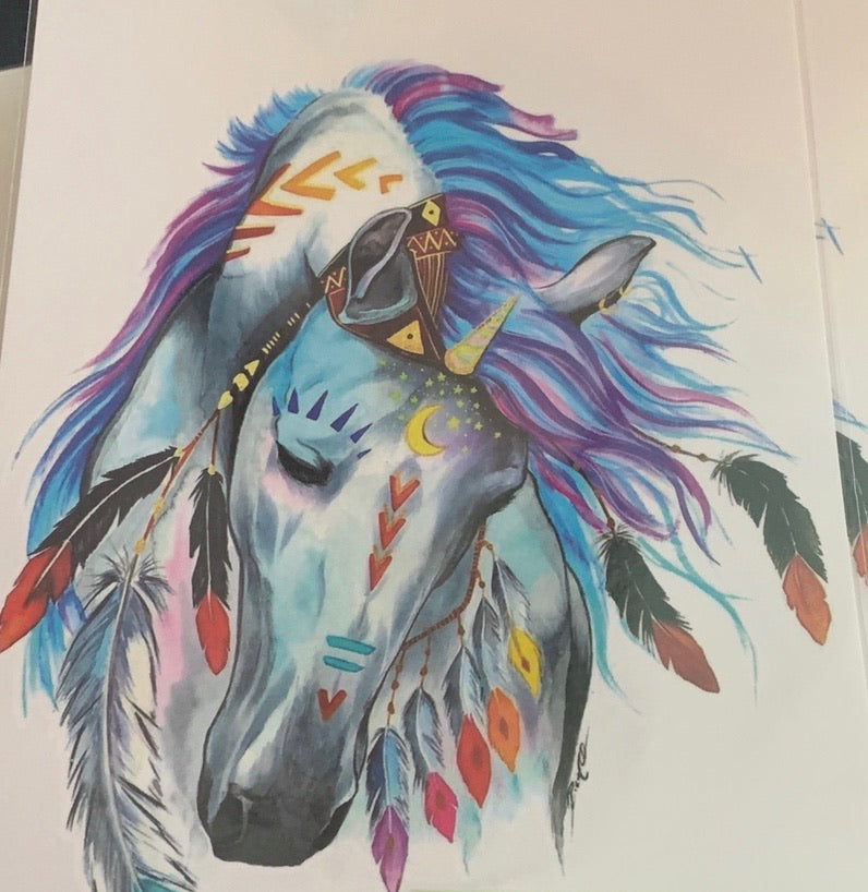 Boho Horse with Feathers Tattoo - 8.5