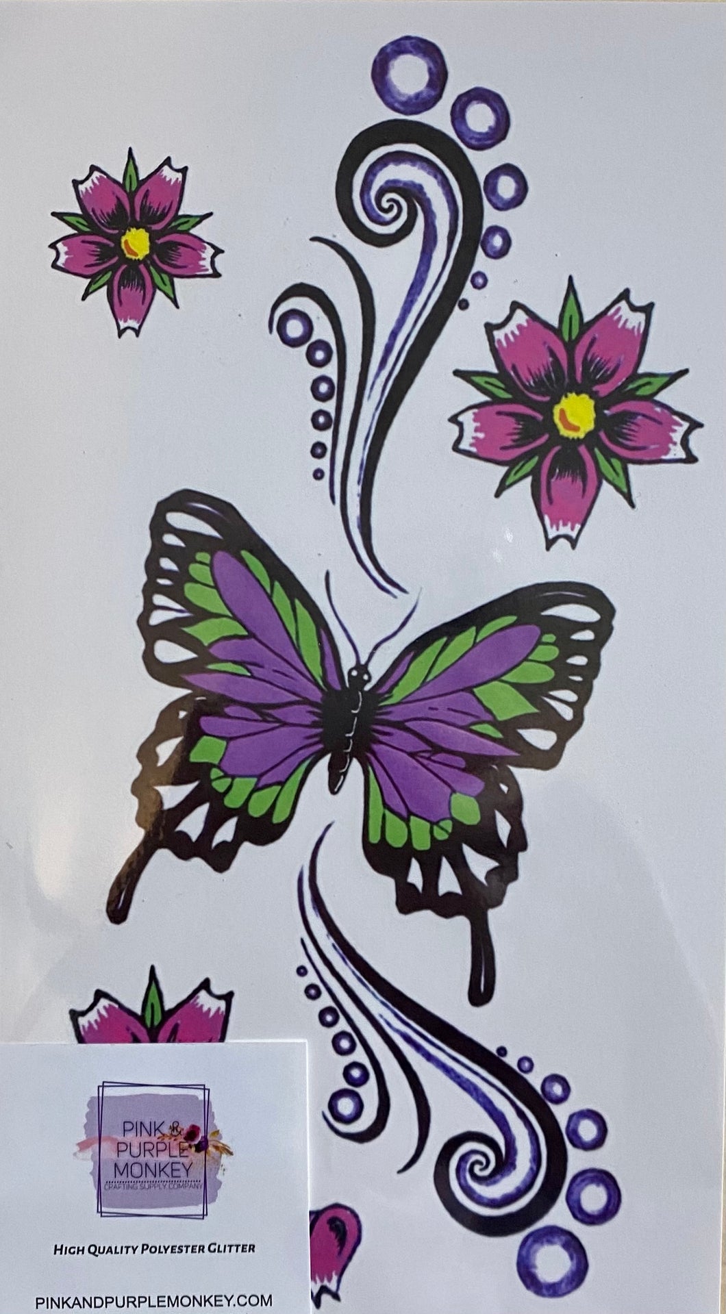 Purple, Green, Black Butterfly with Pink Flowers Tattoo - 8 x 5