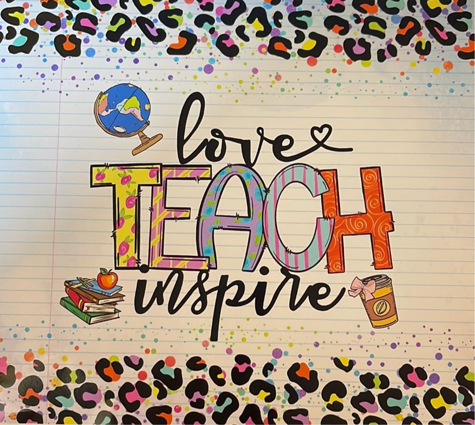 Love, Teach, Inspire Rainbow Leopard 20 oz Skinny Vinyl Wrap