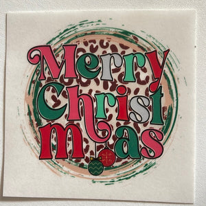 Merry Christmas with Ornaments & Leopard Background Clear Cast Sticker