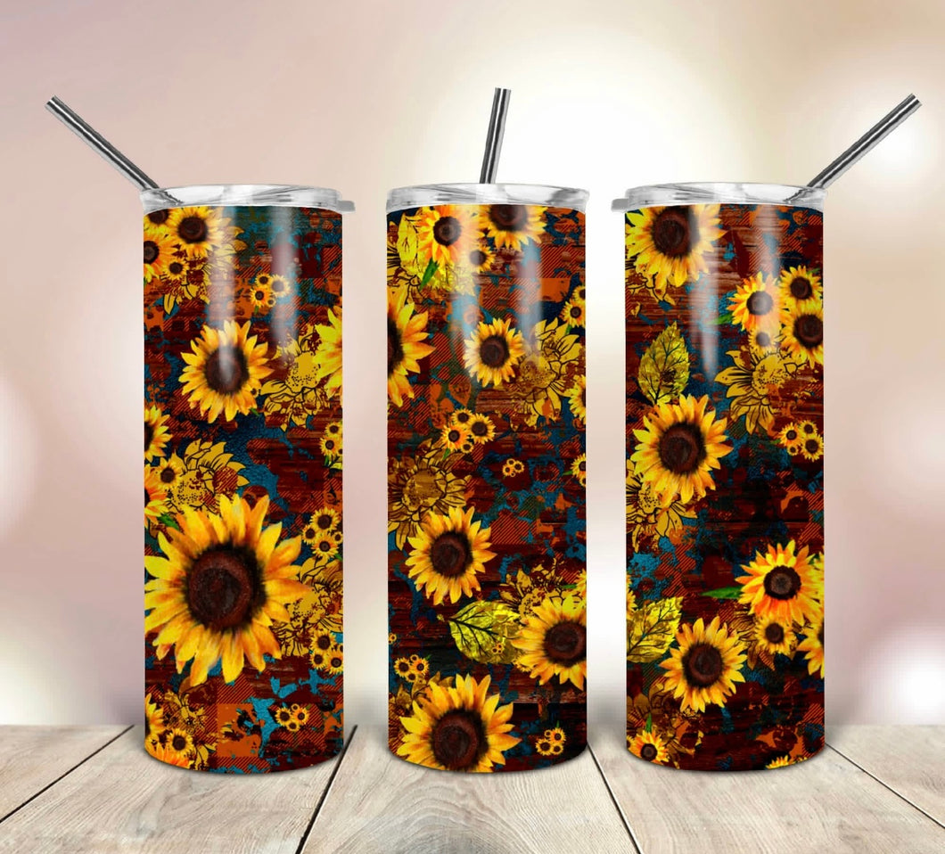 Teal Distressed with Sunflowers 20 oz Skinny Vinyl Wrap