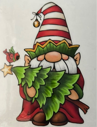 Gnome with Christmas Tree & Bird Clear Cast Sticker