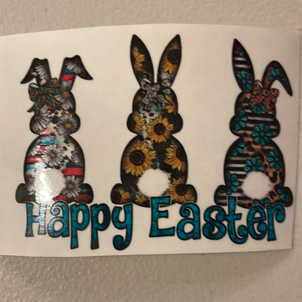 Happy Easter with 3 Patterned Bunnies Clear Cast Sticker