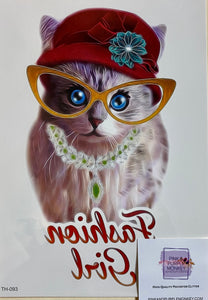 Cat with Hat/Glasses (fashion girl) Tattoo - 8 x 5"