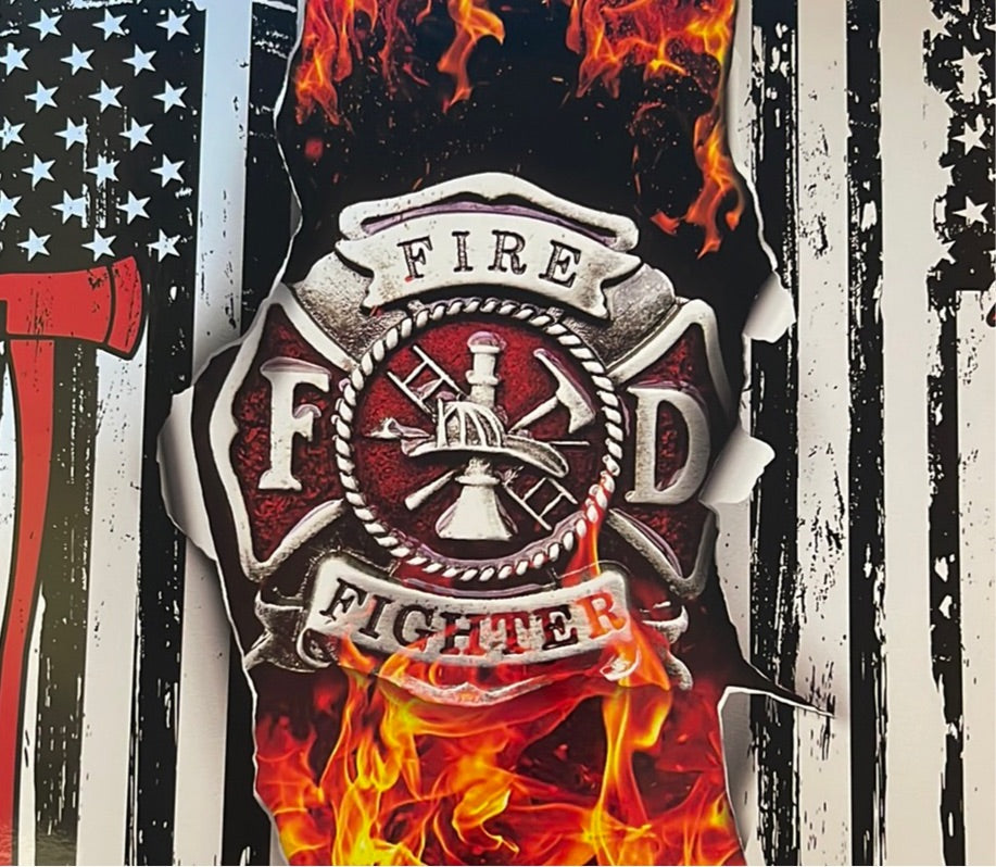 Fire Fighter with Emblem, Fire & Flag 20 oz Skinny Vinyl Wrap