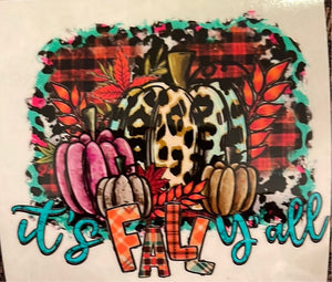 It’s Fall Y’all 4 Pumpkins with Plaid and Leopard Background  Clear Cast Sticker