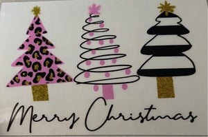 Merry Christmas Black & Pink Trees Clear Cast Sticker